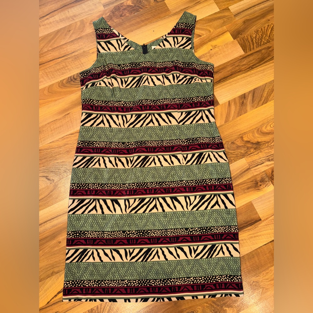 Vintage animal stripe neck slit midi dress size 14 zebra tribal African light‎